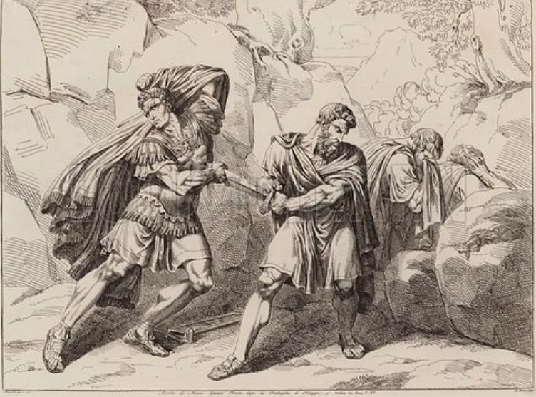 Brutus commits suicide after the Battle of Philippi, 42 BCE, October 3 (Bartolomeo Pinelli) (1781–1835)